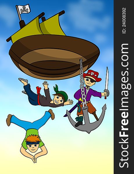 Cartoon pirates jumping to the sky from their flying ship and their captain carried by an anchor. Cartoon pirates jumping to the sky from their flying ship and their captain carried by an anchor