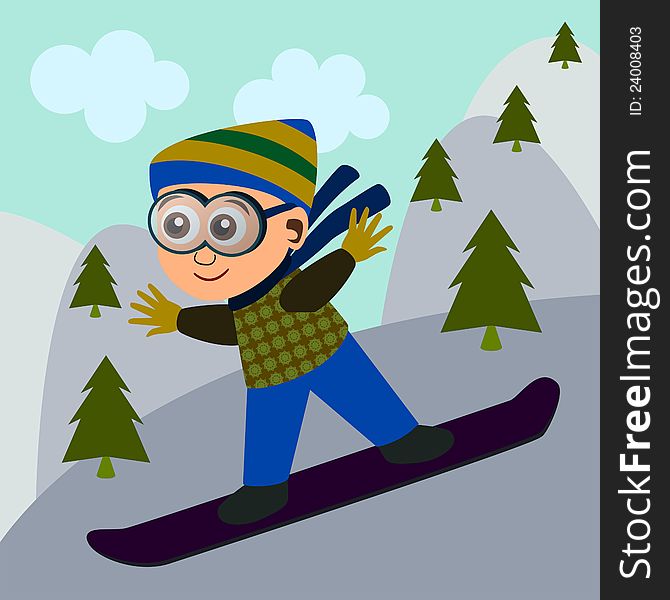 Illustration of a cute cartoon boy enjoying a snowboard ride