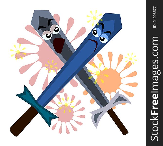 Two cartoon swords with an angry face fighting with each other. Two cartoon swords with an angry face fighting with each other