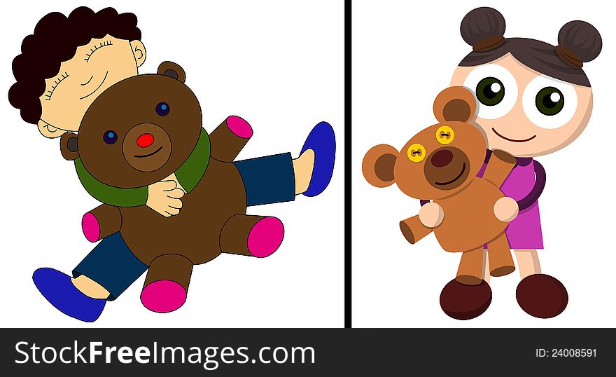 A set made up of a girl and a boy cartoon characters with teddy bears