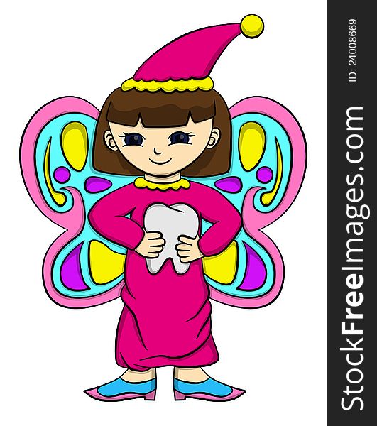 A cute cartoon fairy holding a big tooth. A cute cartoon fairy holding a big tooth