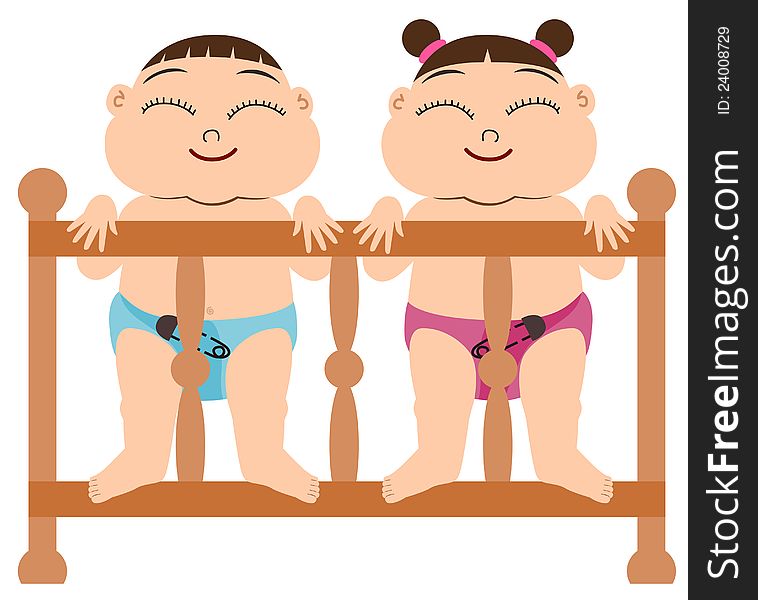 A cute cartoon twins standing inside their crib