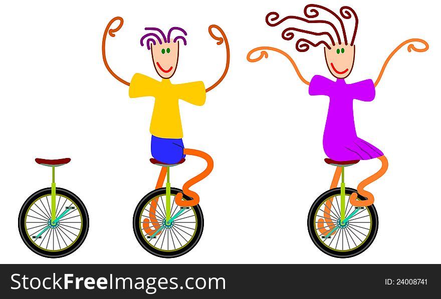 A set of cartoon characters riding a unicycle, with one unicycle in a separate illustration. A set of cartoon characters riding a unicycle, with one unicycle in a separate illustration