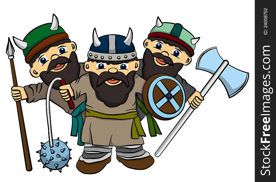 Illustration of three cute cartoon vikings equipped with their weapons