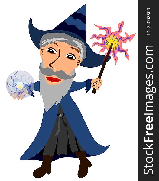 A wizard showing his magic while holding a magic ball and wand