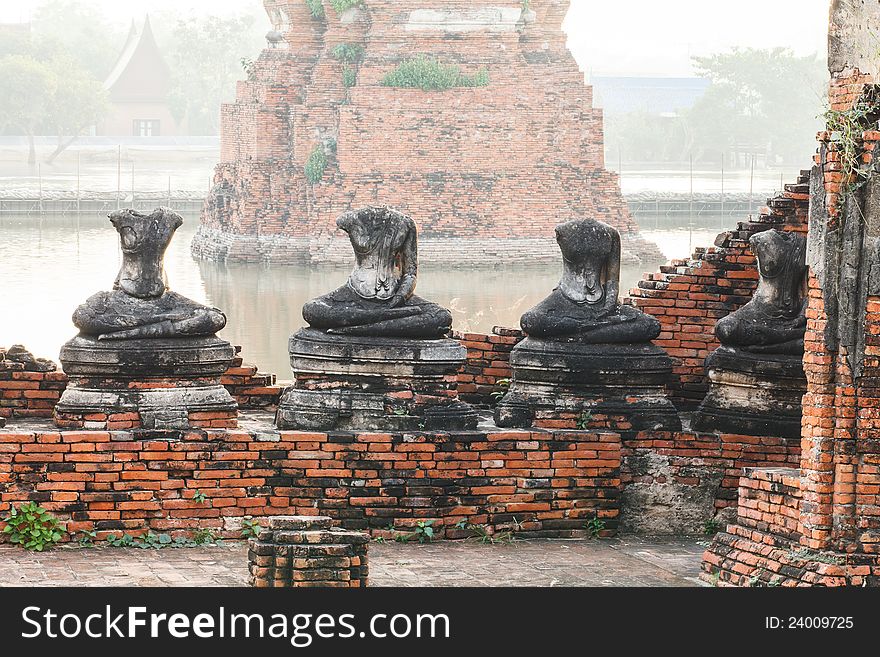 Buddha statues and Floods Chaiwatthanaram Temple at Ayutthaya, Thailand