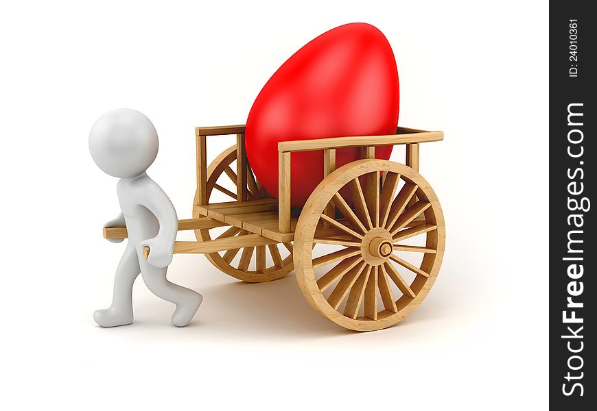 Render of a man pulling chariot with big easter egg. Render of a man pulling chariot with big easter egg
