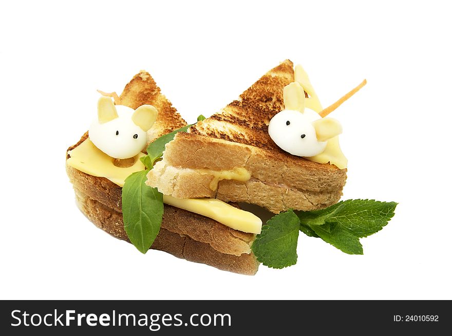 Sandwich with cheese decorated with white mice with quail egg