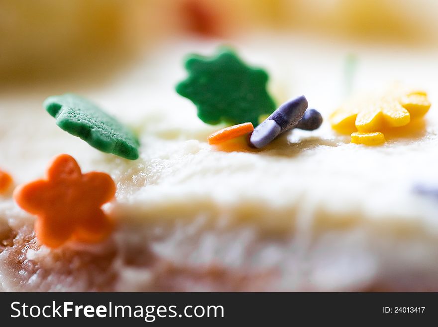 Cake decoration with candy closeup