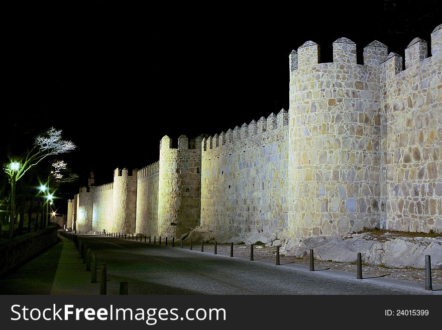 Fortress wall in Avila at night