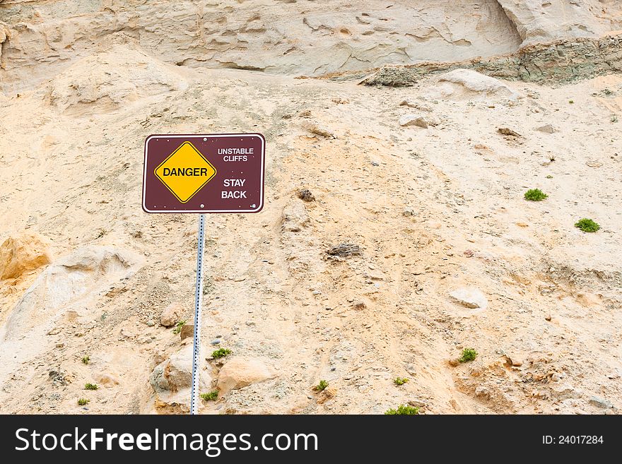 Danger sign, unstable sign at a mountain