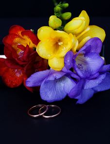 Wedding Rings And A Bouquet Of Freesias Stock Photography Wedding Rings And A Bouquet Of Freesias Stock Photography
