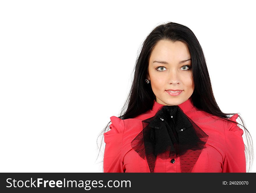 Beautiful girl wearing red shirt smiles isolated on whire background