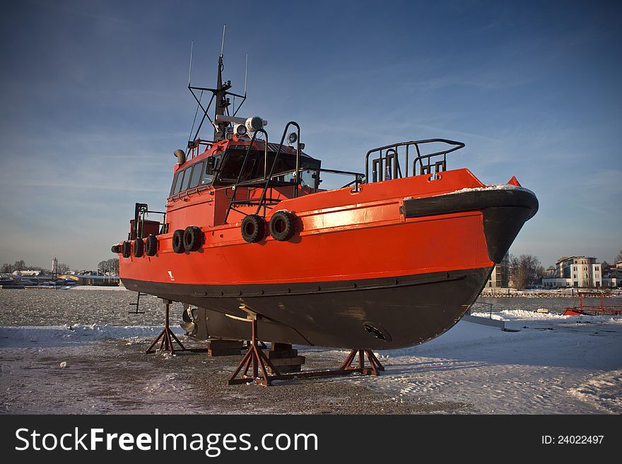 Orange Pilot boat in PÃ¤rnu harbour, Estonia