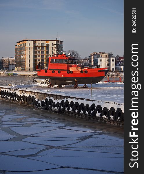 Orange Pilot boat in PÃ¤rnu harbour, Estonia