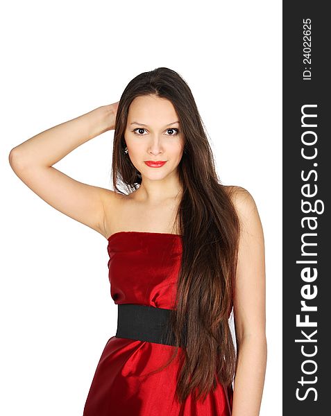 Young Girl Wearing Red Dress Touches To Hair