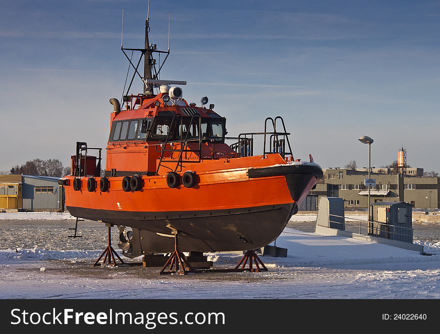 Orange Pilot boat in PÃ¤rnu harbour, Estonia
