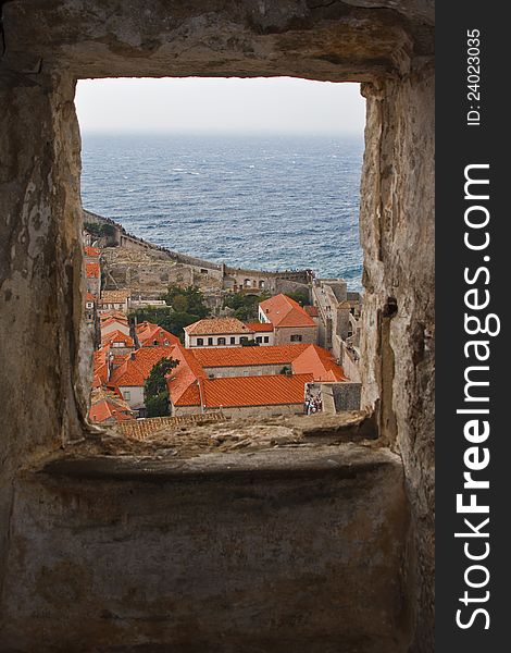 The beautiful orange roofs in Dubrovnik on a cloudy morning.