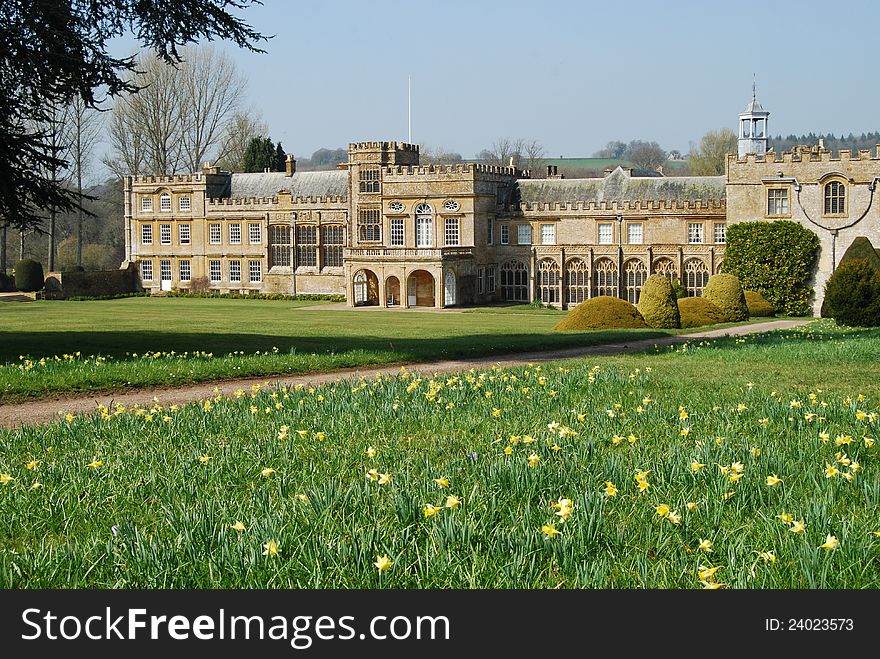 Spring daffodils on lawn with abbey facade behind. Spring daffodils on lawn with abbey facade behind