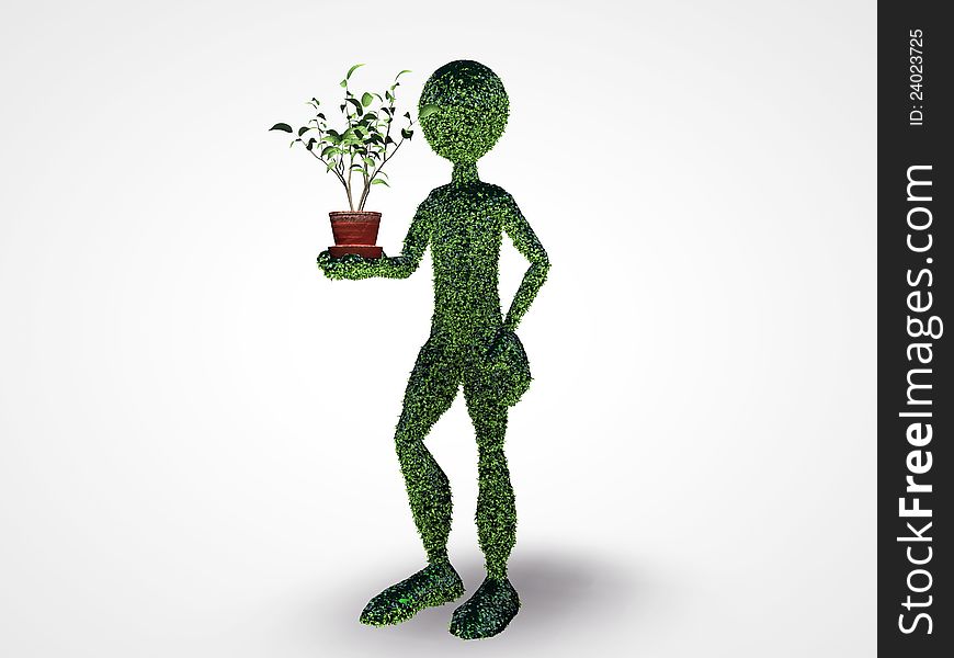 Grass man with a small plant on the palm of his hand