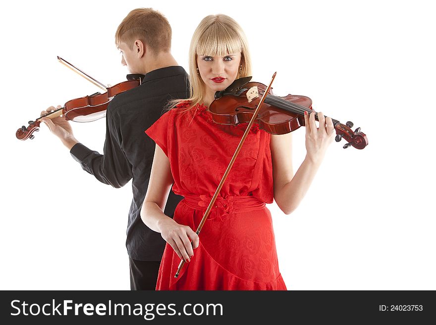 Image of musicians playing violins on white