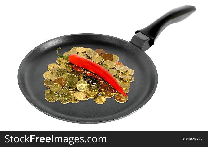 Coins in a frying pan isolated on white background