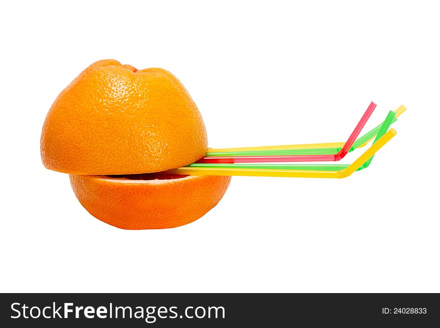 Juice orange cocktail straw isolated on white background