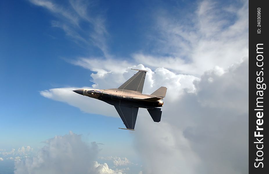 Air Force jet fighter at high altitude. Air Force jet fighter at high altitude