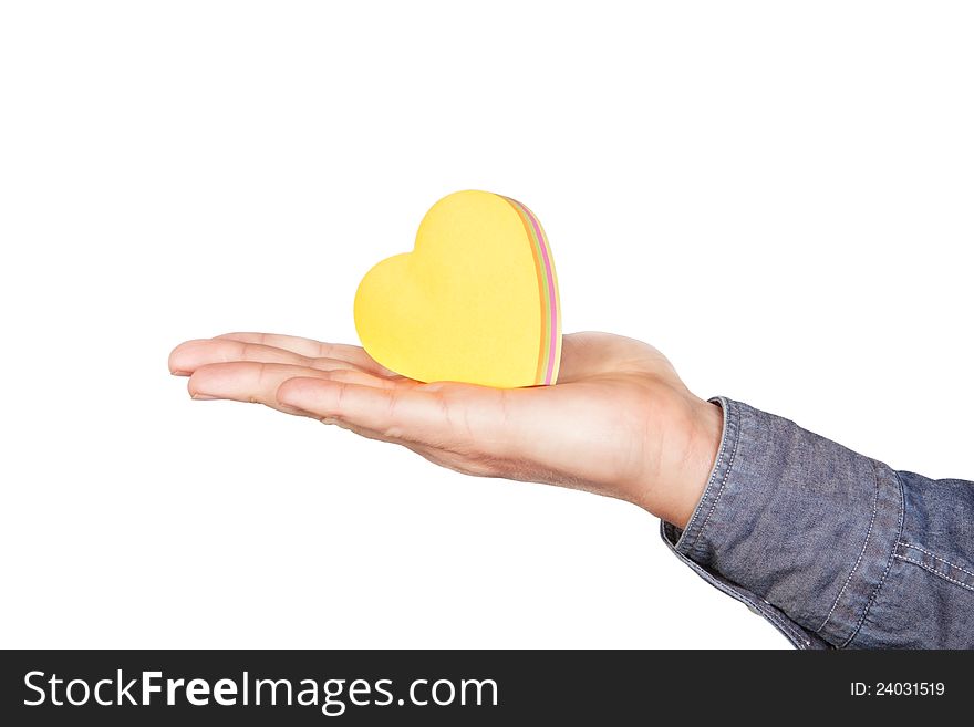 The shape of heart on the palm. On a white background.