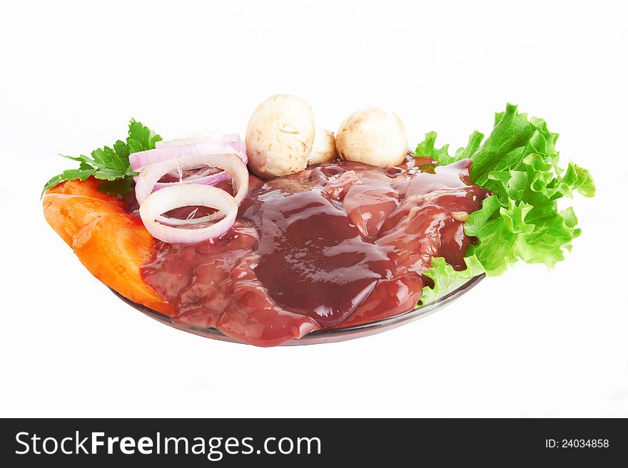 Fresh and raw liver on white background