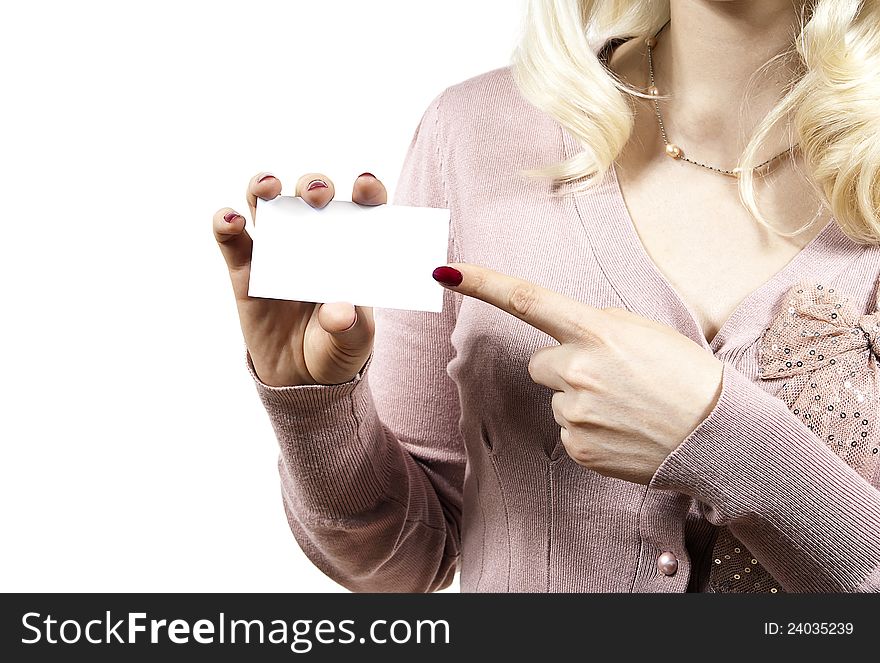 Girl points a finger at a business card. Girl points a finger at a business card
