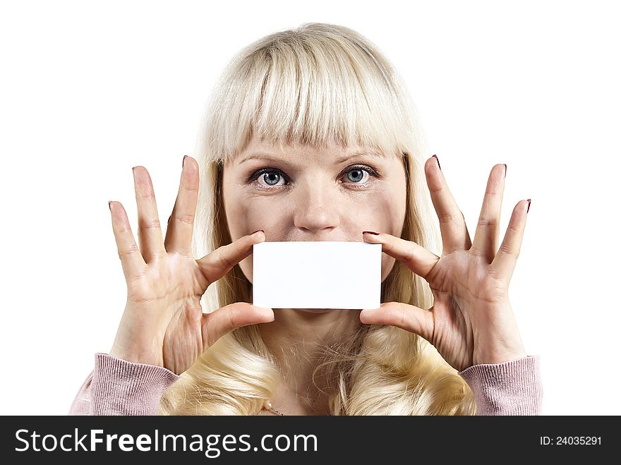 Girl holds a business card isolated
