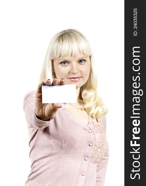 Beautiful girl holding a business card isolated