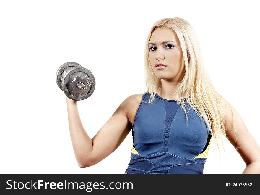 Girl holds a dumbbell isolated