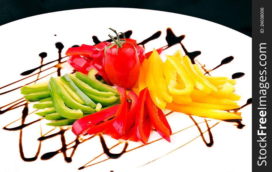 Three color vegetables on decorate plate. Three color vegetables on decorate plate