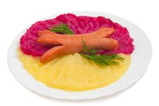 Sausage With Mashed Potato And Mashed Beet Royalty Free Stock Photography Sausage With Mashed Potato And Mashed Beet Royalty Free Stock Photography
