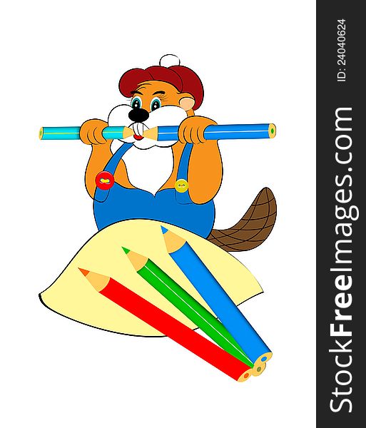 Funny Beaver Gnaws Pencils