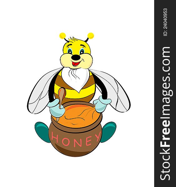 Isolated bee and honey. Funny insects serial.