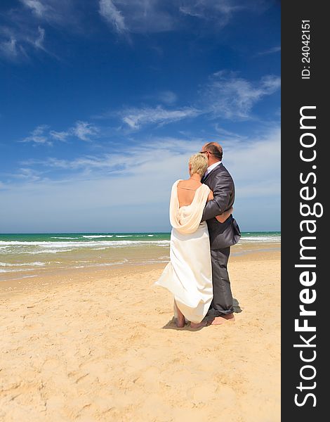 Portrait of back - couple standing together on coast of beach