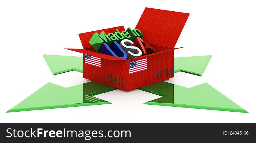 Cargoboard box with USA flag and green arrows. Cargoboard box with USA flag and green arrows