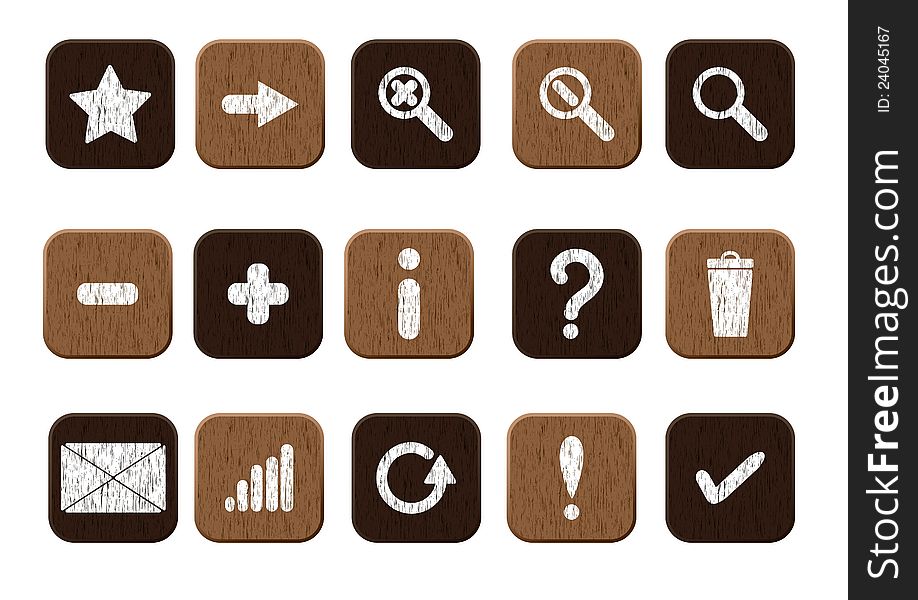 Basic set of 15 wooden icons. Vector illustration eps8. Basic set of 15 wooden icons. Vector illustration eps8