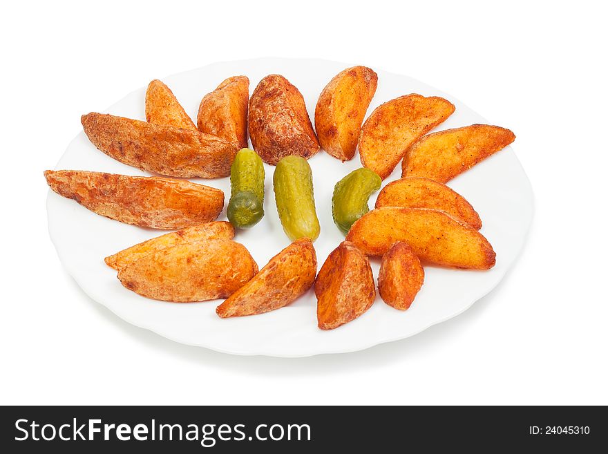 Fried potato with pickles isolated on white background