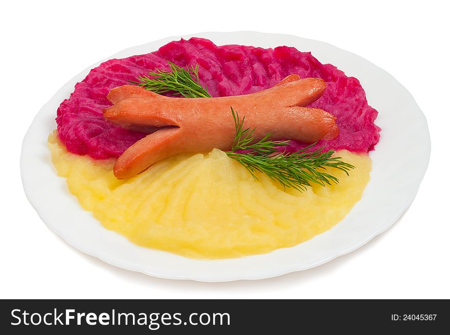 Sausage With Mashed Potato And Mashed  Beet