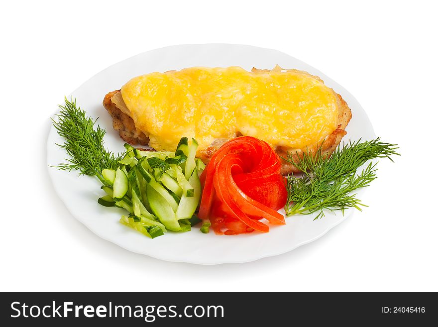 Meat with cheese and vegetables isolated on white background