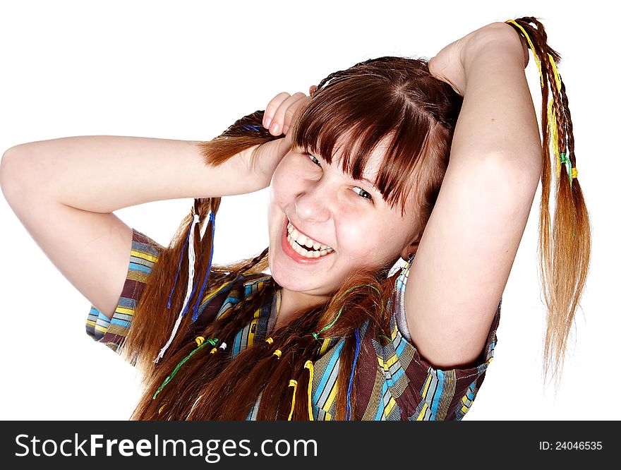 Cheerful the teenage girl on a white background