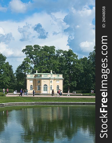 Building of pavilion by pond in Catherine Park, Tsarskoye Selo, Russia.