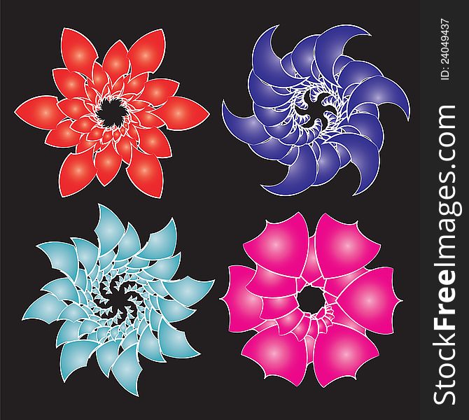 Set of abstract flowers isolated on black, vector image.