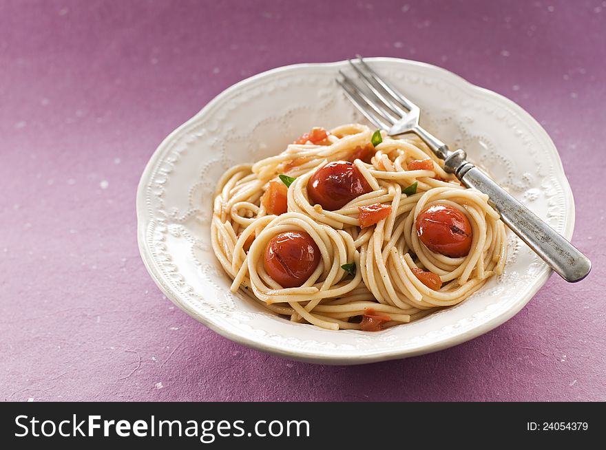 Fresh spaghetti with tomato sauce close up. Fresh spaghetti with tomato sauce close up