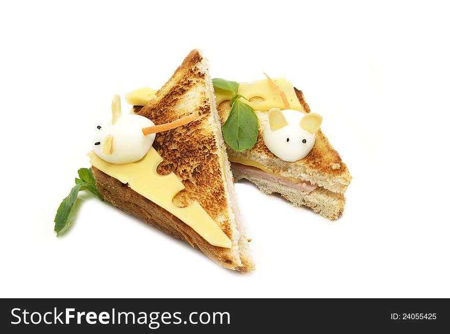 Cheese sandwich decorated eggs on a white background. Cheese sandwich decorated eggs on a white background