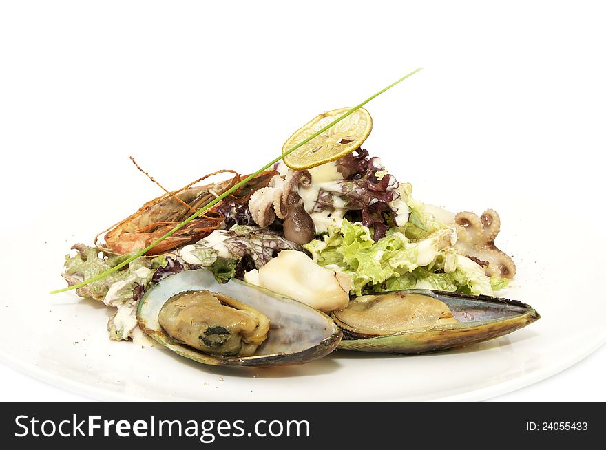 Seafood salad on a plate on a white background